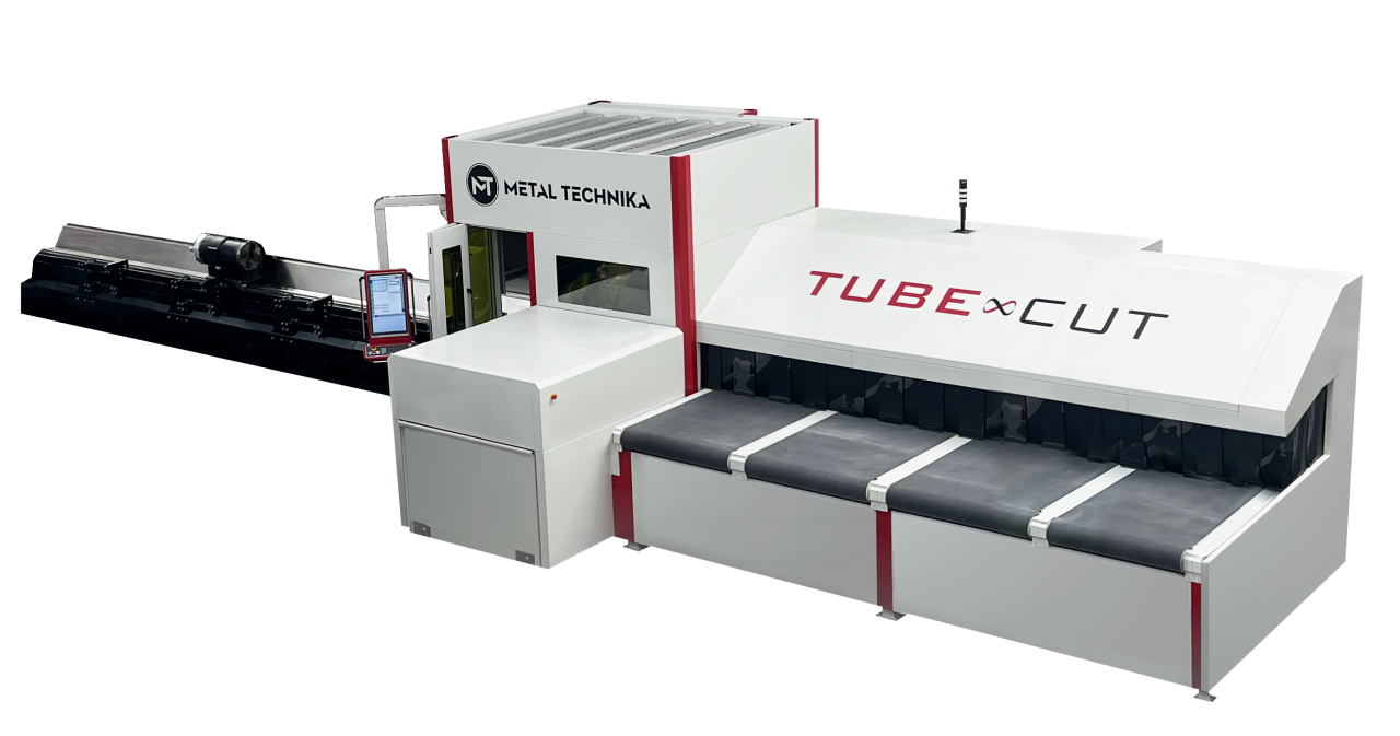 Przemysłowa maszyna do cięcia rur marki Metal Technika model Tube xCut. Urządzenie w kolorze białym z czerwonymi akcentami, w