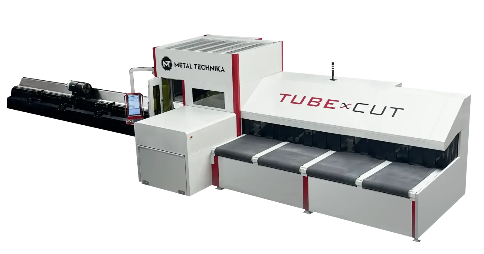 Przemysłowa maszyna do cięcia rur marki Metal Technika model Tube xCut. Urządzenie w kolorze białym z czerwonymi akcentami, w