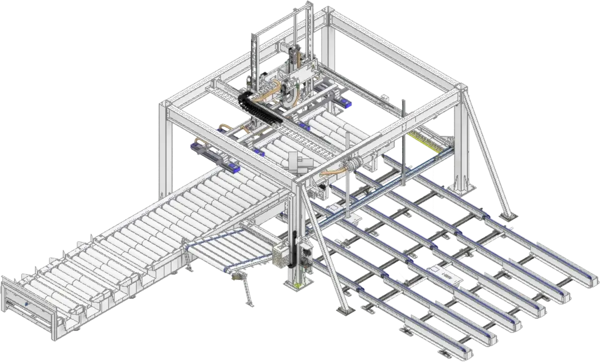 Techniczny rysunek przemysłowej linii produkcyjnej z przenośnikami rolkowymi, manipulatorem robocznym i systemem transportu m