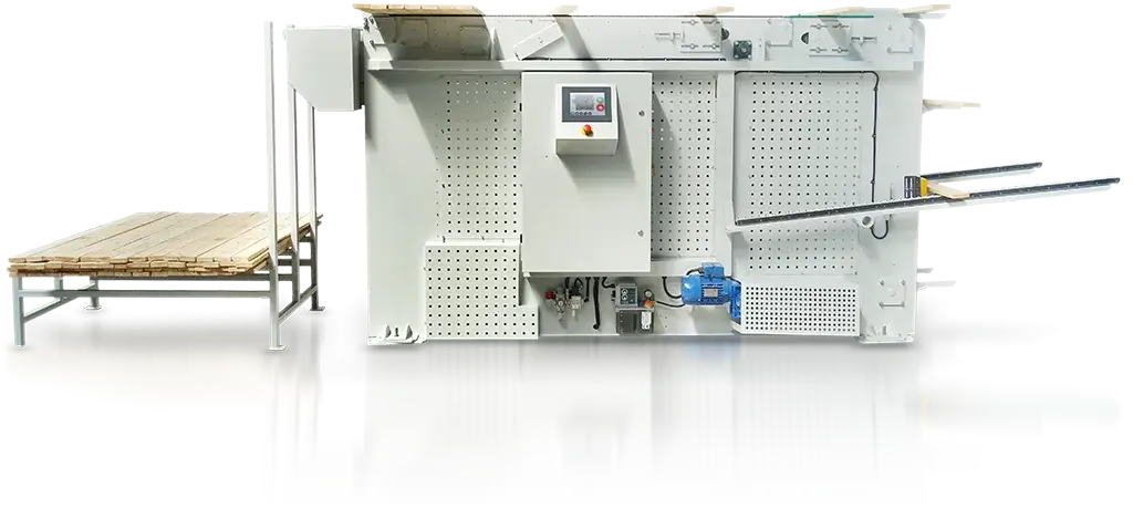 Przemysłowa maszyna do obróbki drewna z perforowanymi panelami, ekranem sterowania, zasilaniem pneumatycznym i podajnikiem ma