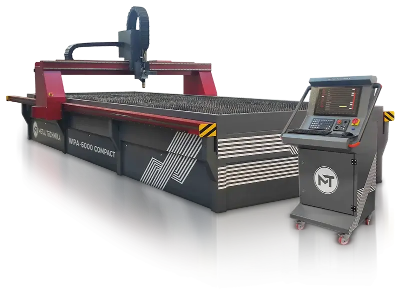 Przemysłowa maszyna do cięcia laserowego WPA-5000 Compact z czerwoną ramą, czarnym zbiornikiem roboczym i panelem sterowania