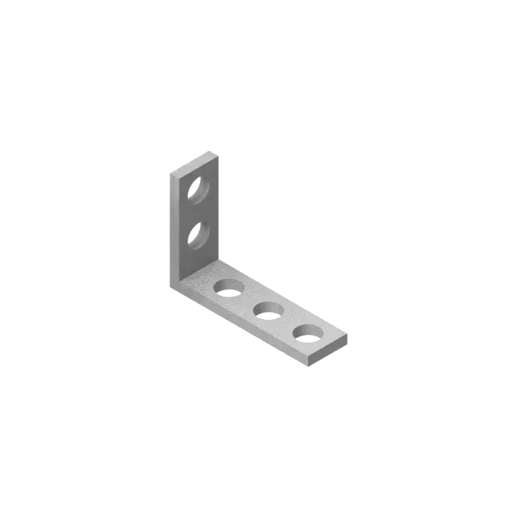 Metalowy kątownik montażowy w kształcie litery L z otworami do śrub, pokazany w izometrycznej projekcji 3D na białym tle.
