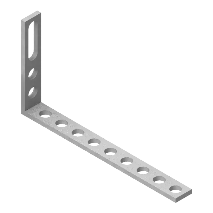 Metalowy kątownik stalowy o kształcie litery L z otworami montażowymi na obu ramionach, widok izometryczny na białym tle.