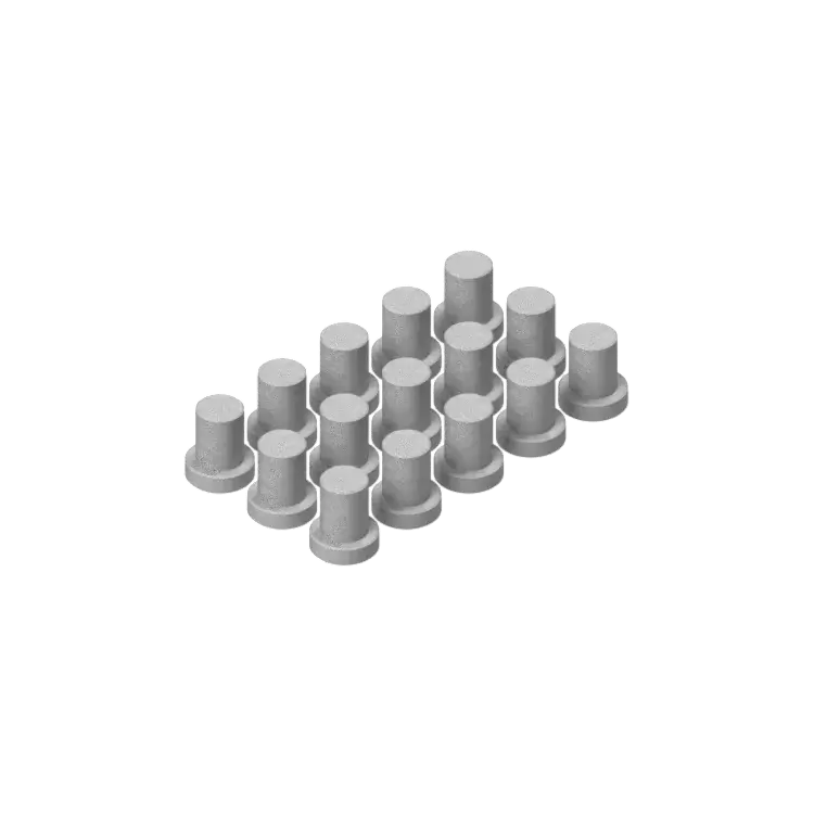 Szare metalowe śruby lub zaślepki cylindryczne ułożone w równych rzędach na białym tle, widok izometryczny.