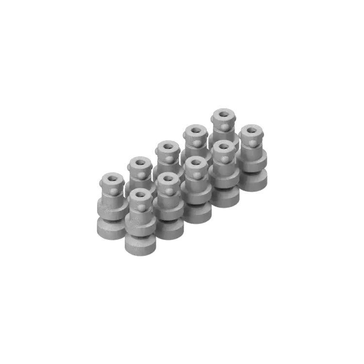 Zestaw metalowych tulejów lub złączek cylindrycznych, ułożonych w cztery rzędy na jasnym tle. Każdy element ma otwór przechod