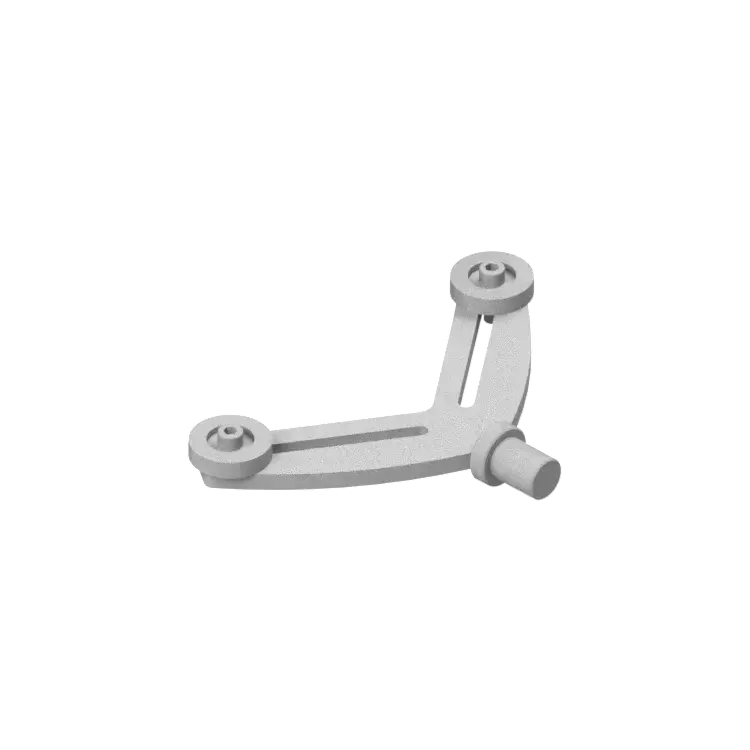 Szara metalowa część zawieszenia samochodu z dwoma przegubami kulowymi i ramieniem, widok 3D na białym tle.