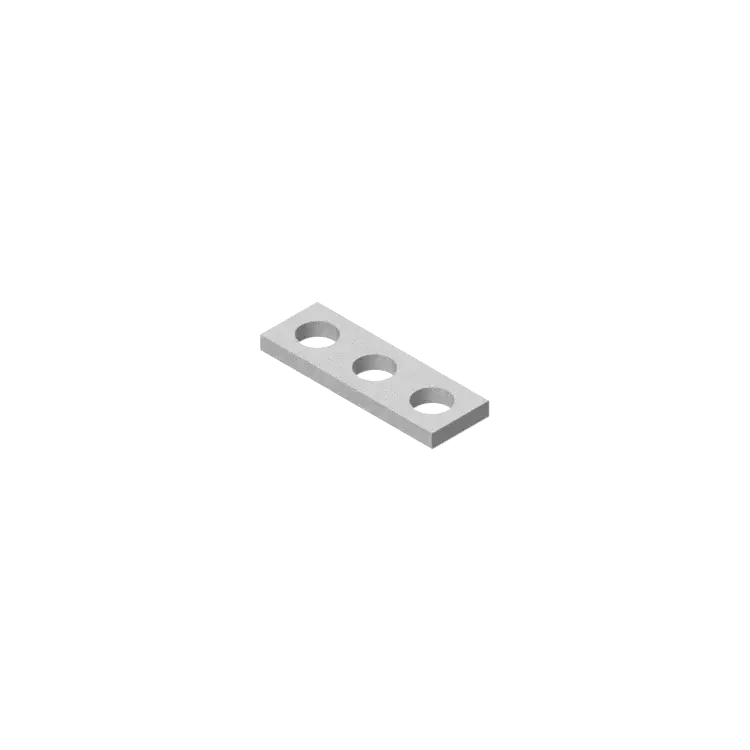 Metalowa płaska płytka z trzema okrągłymi otworami rozmieszczonymi w równych odstępach na białym tle.