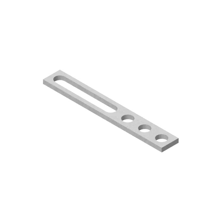 Metalowa płaska część z wydłużonym otworem i trzema okrągłymi otworami, izometryczny widok na białym tle.