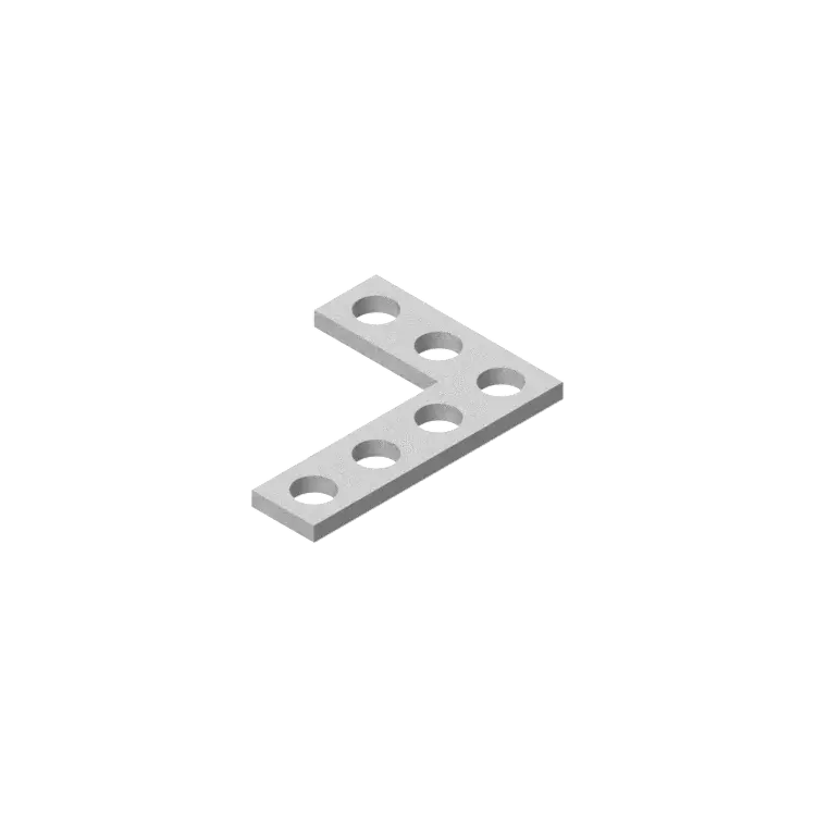 Metalowy kątownik z sześcioma otworami ułożonymi w dwa rzędy, element złączny do montażu konstrukcji.
